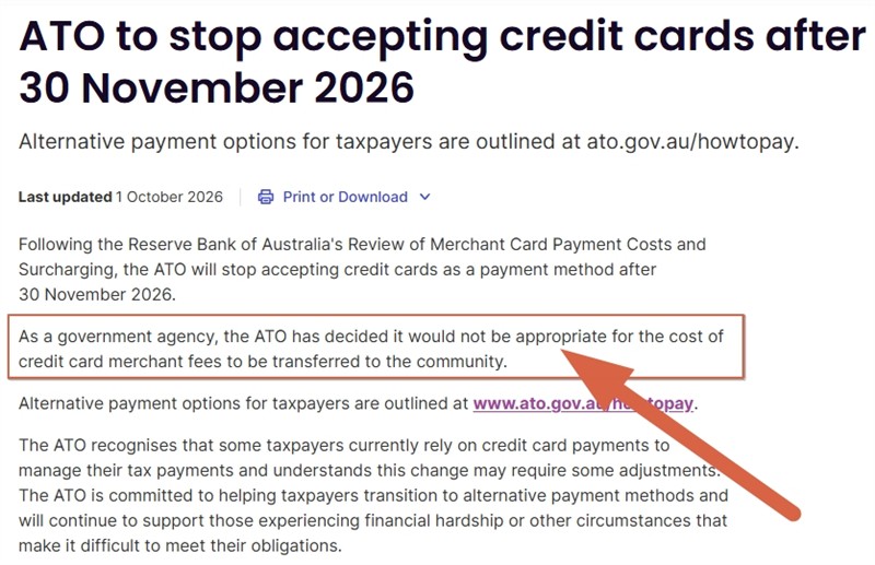 Notice showing ATO will stop accepting credit cards