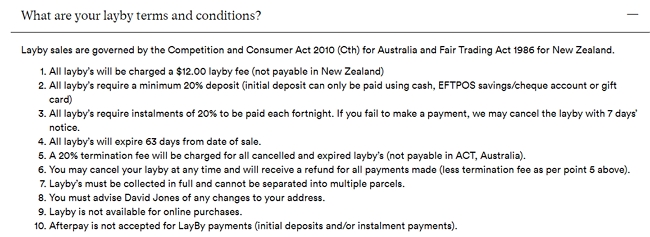 David Jones lay-by terms