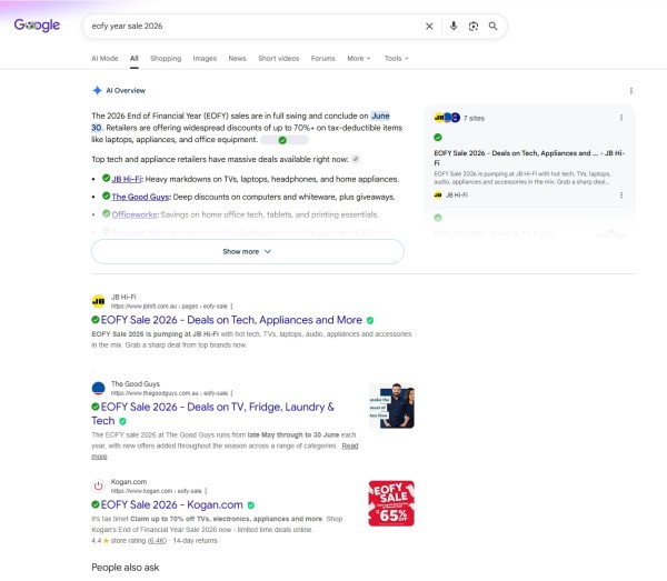 Google search on EOFY sales 2026