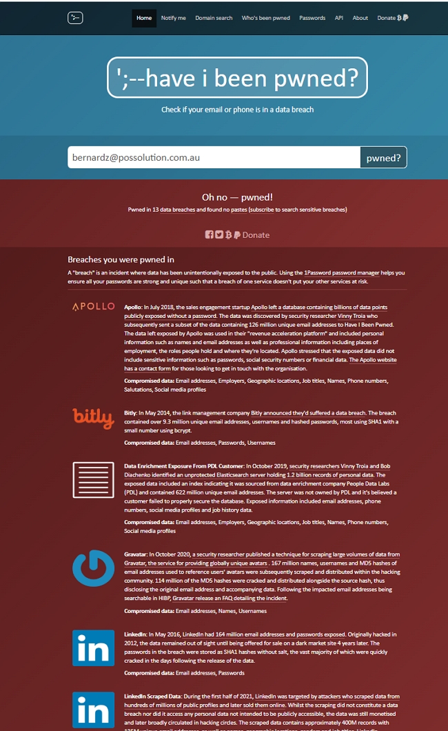 Have I Been Pwned typical information