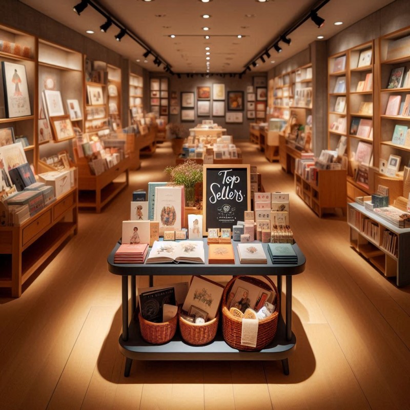 A retail store aisle showing a small, attractive display table positioned in the center 