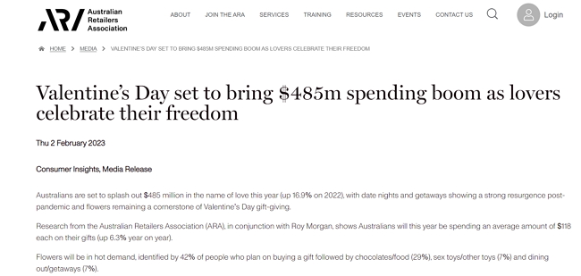 Australian Retailers Association (ARA), with Roy Morgan, stating Valentine sales 2023