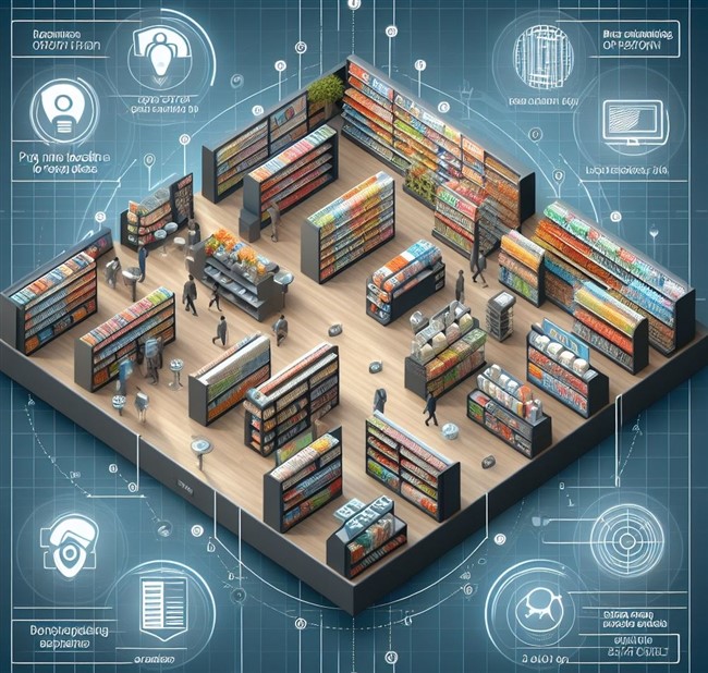 Visual representation of a well-organized retail store layout, highlighting prime locations for top-selling products.