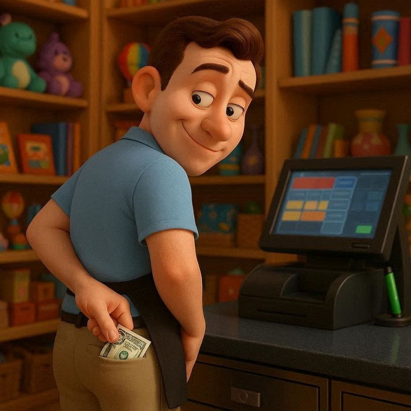 An employee stealing cash