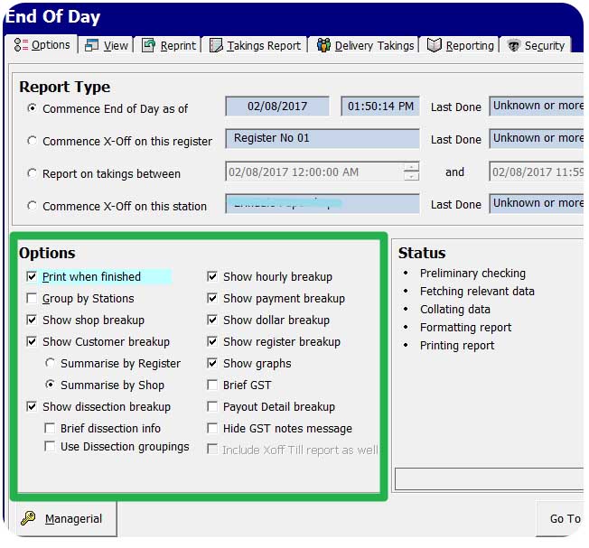 The end of day process appears in this display